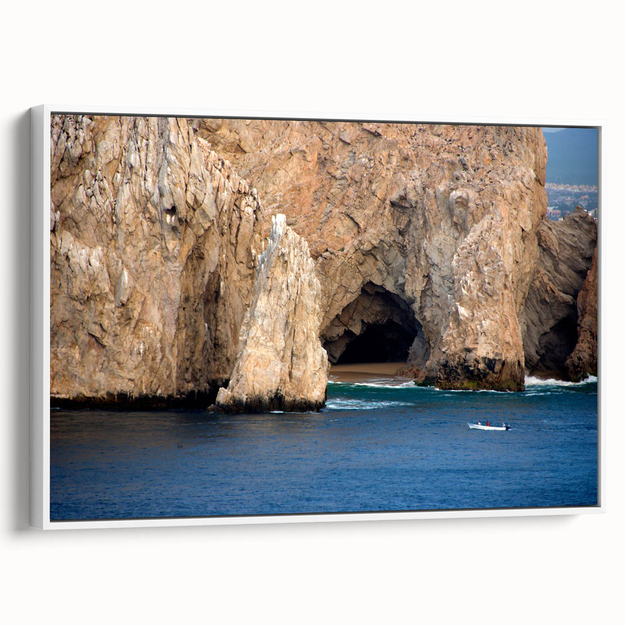 Framed canvas of vintage poster art depicting Baja California scenery in muted colors, ideal for living room decor.