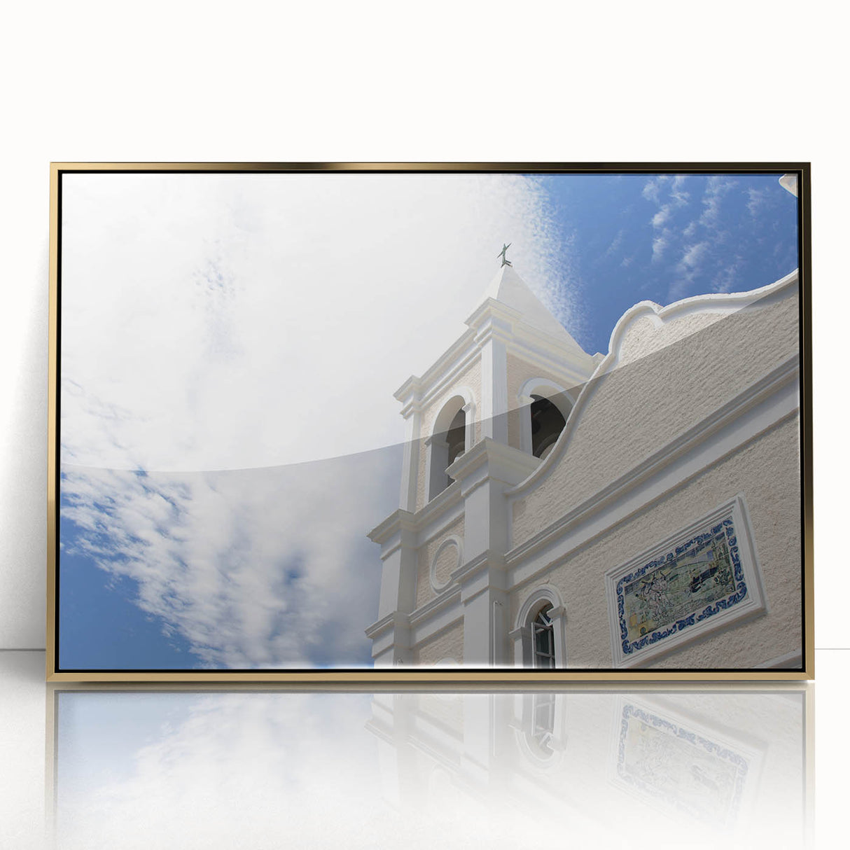 Framed acrylic print of Cabo San Lucas scenery in gold tones, ideal for modern art wall decor.
