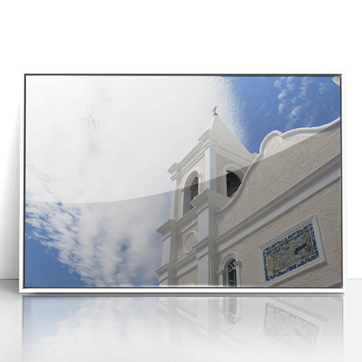 Acrylic print of Cabo San Lucas scenery in art deco style, with vibrant ocean and sky colors, framed in white.