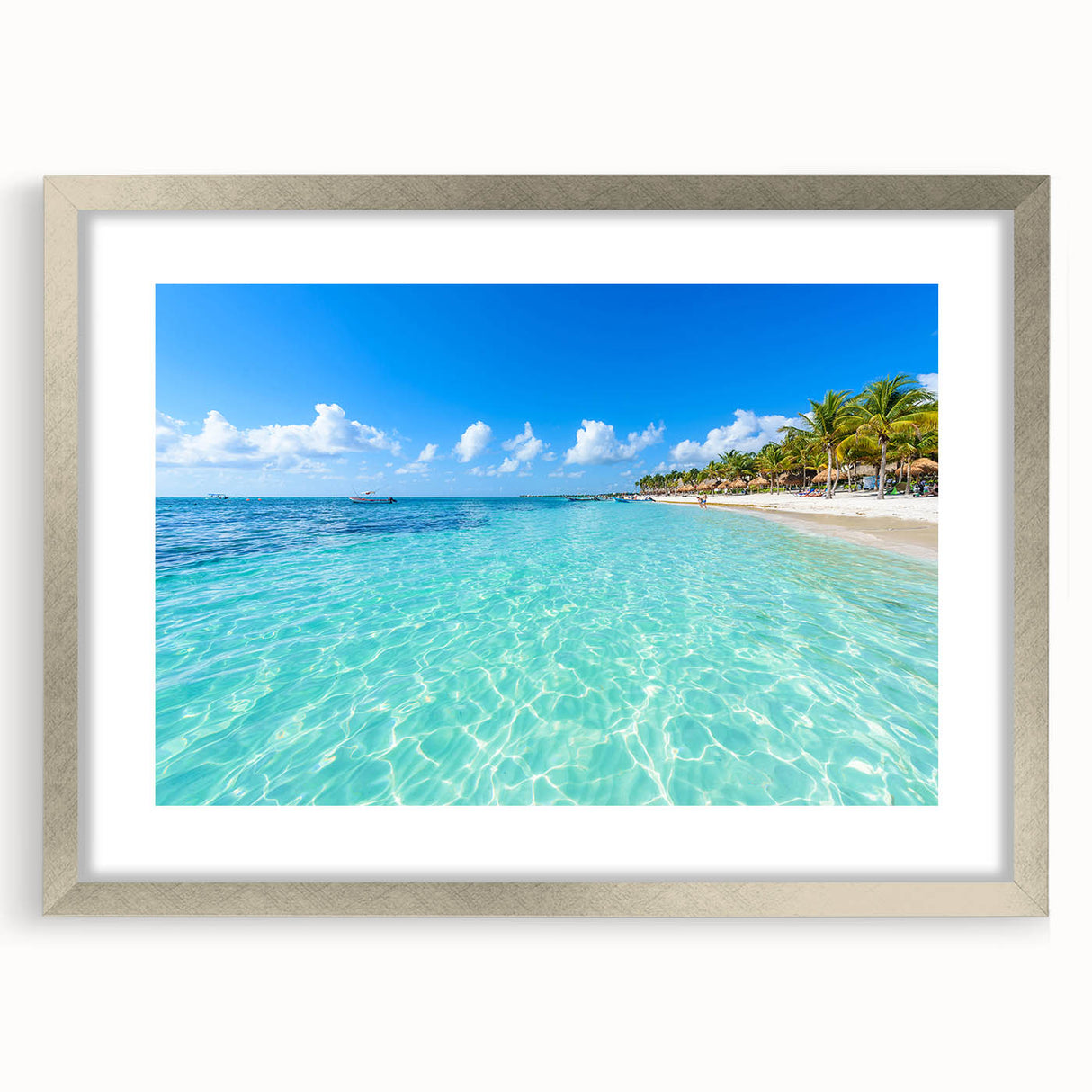 Textured abstract art print of Quintana Roo scenery in muted blue and green tones on a framed canvas.