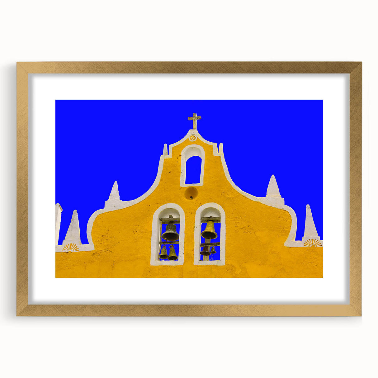 Extra large abstract art print of a Yucatan scenery in textured style, featuring muted earth tones, framed in gold.