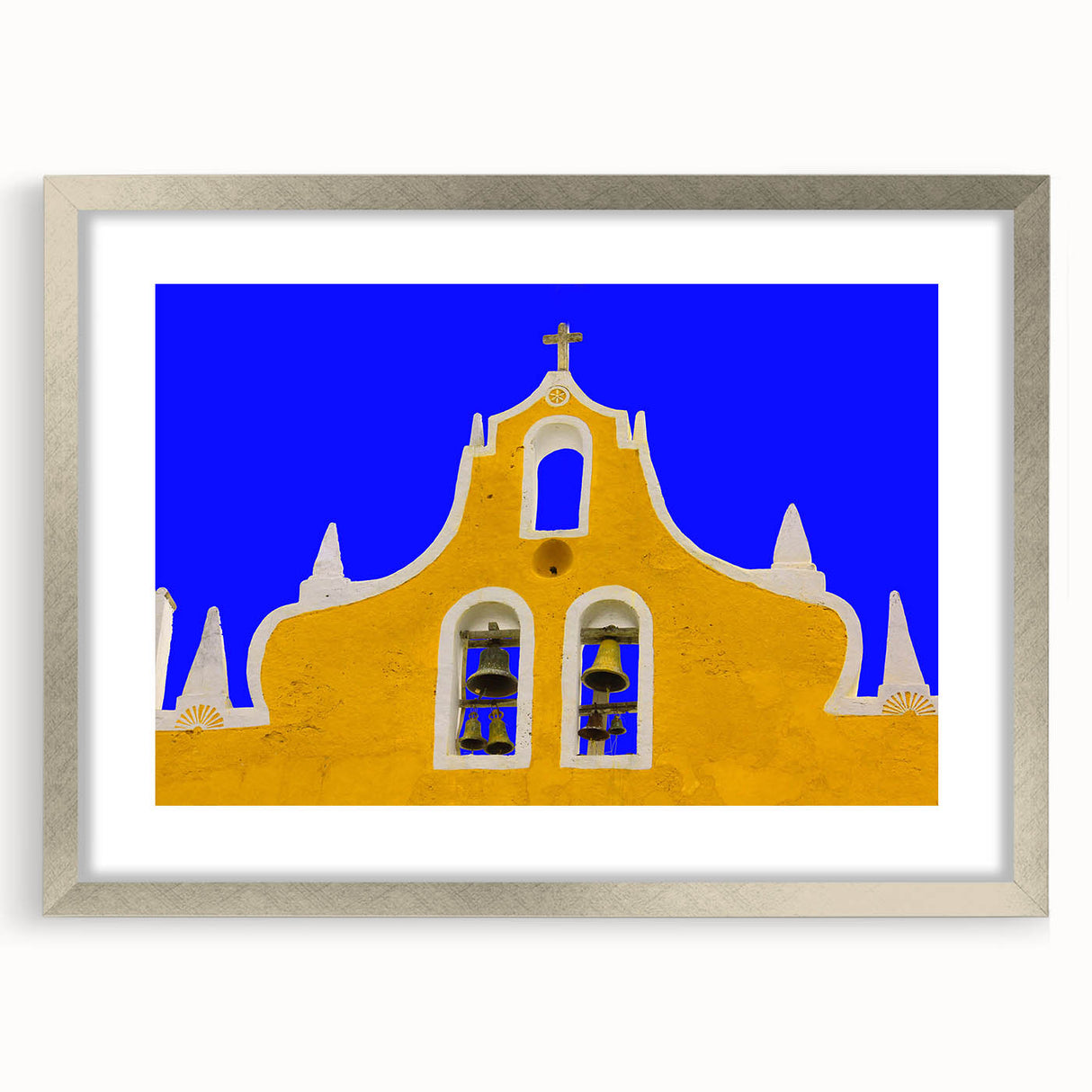 Textured art print of abstract Yucatan scenery in muted earth tones on a silver-framed mat, suitable for bedroom decor.