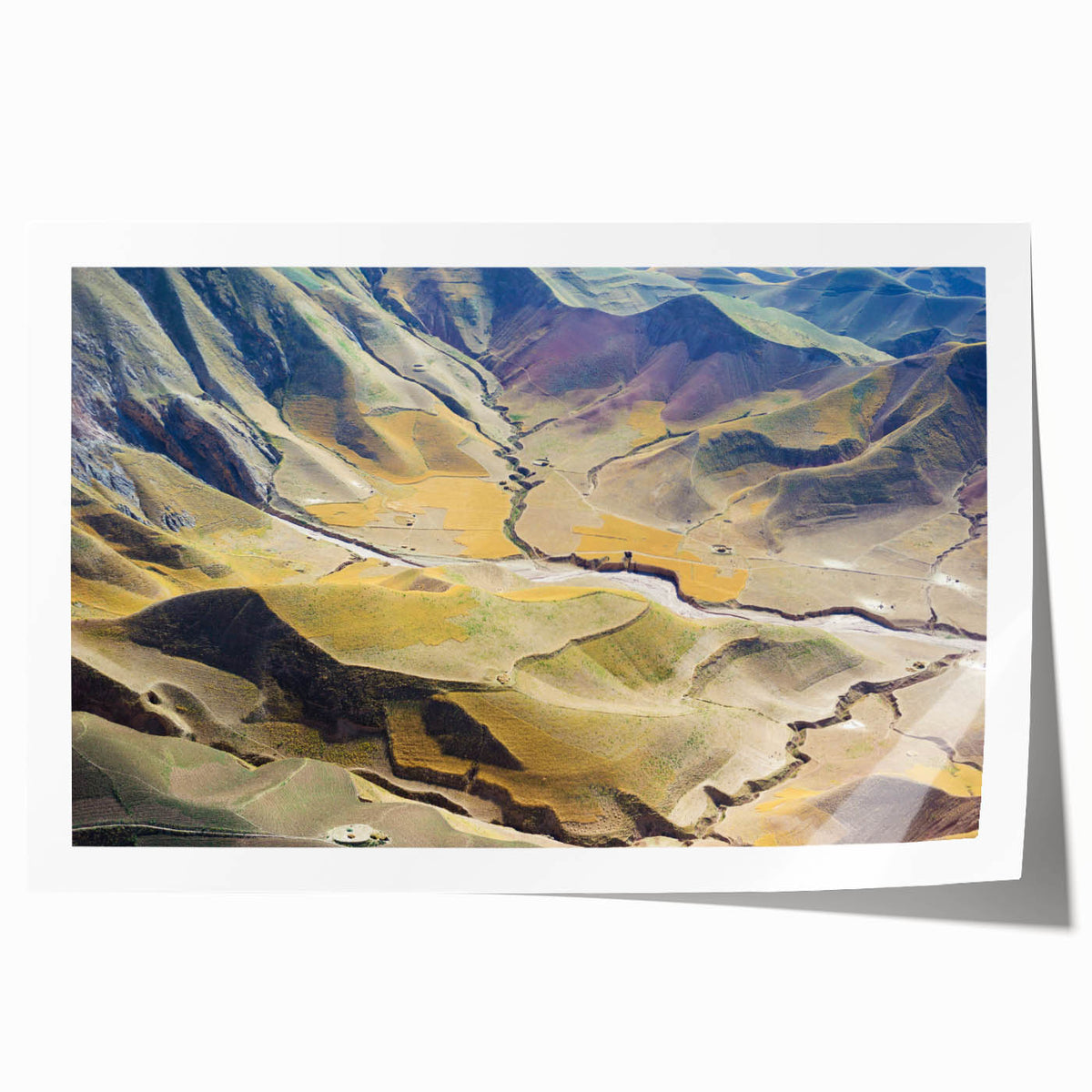 Extra large rolled print of a serene Afghan landscape in muted earth tones, ideal for dining room wall art.