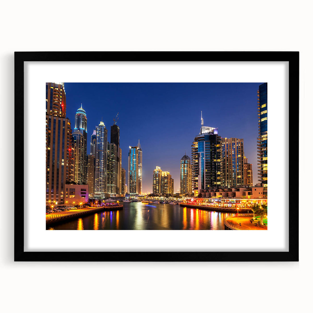 Abstract art print of Dubai skyline in vibrant, colorful hues on a large textured canvas, ideal for living room decor.