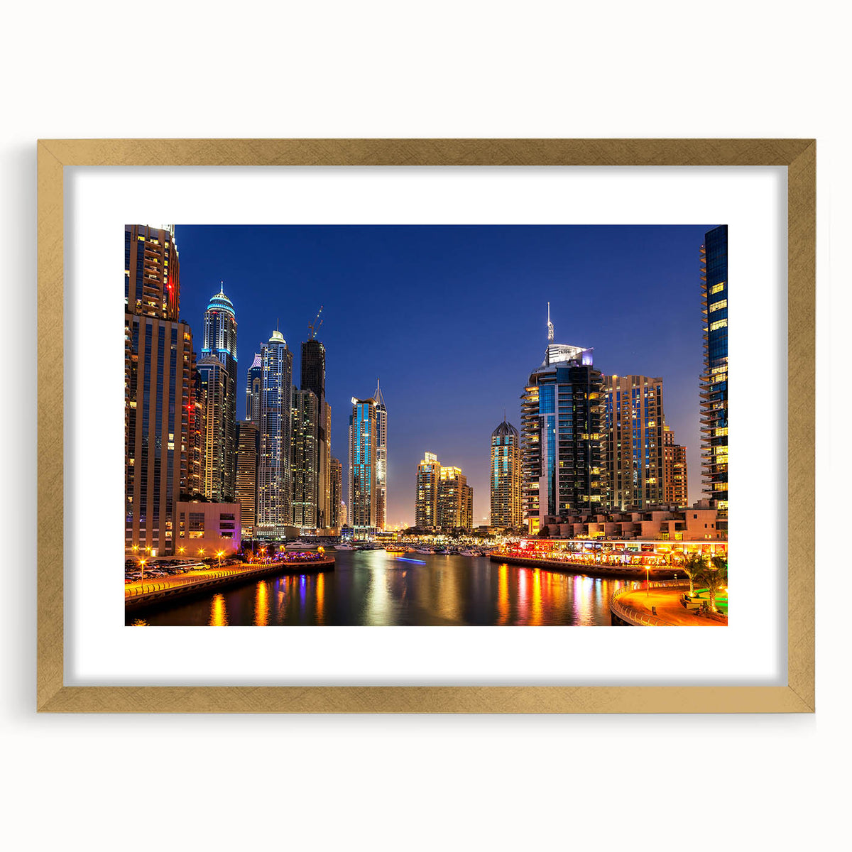 Extra large abstract art print of Dubai skyline in textured gold tones on a framed canvas, suitable for living room decor.