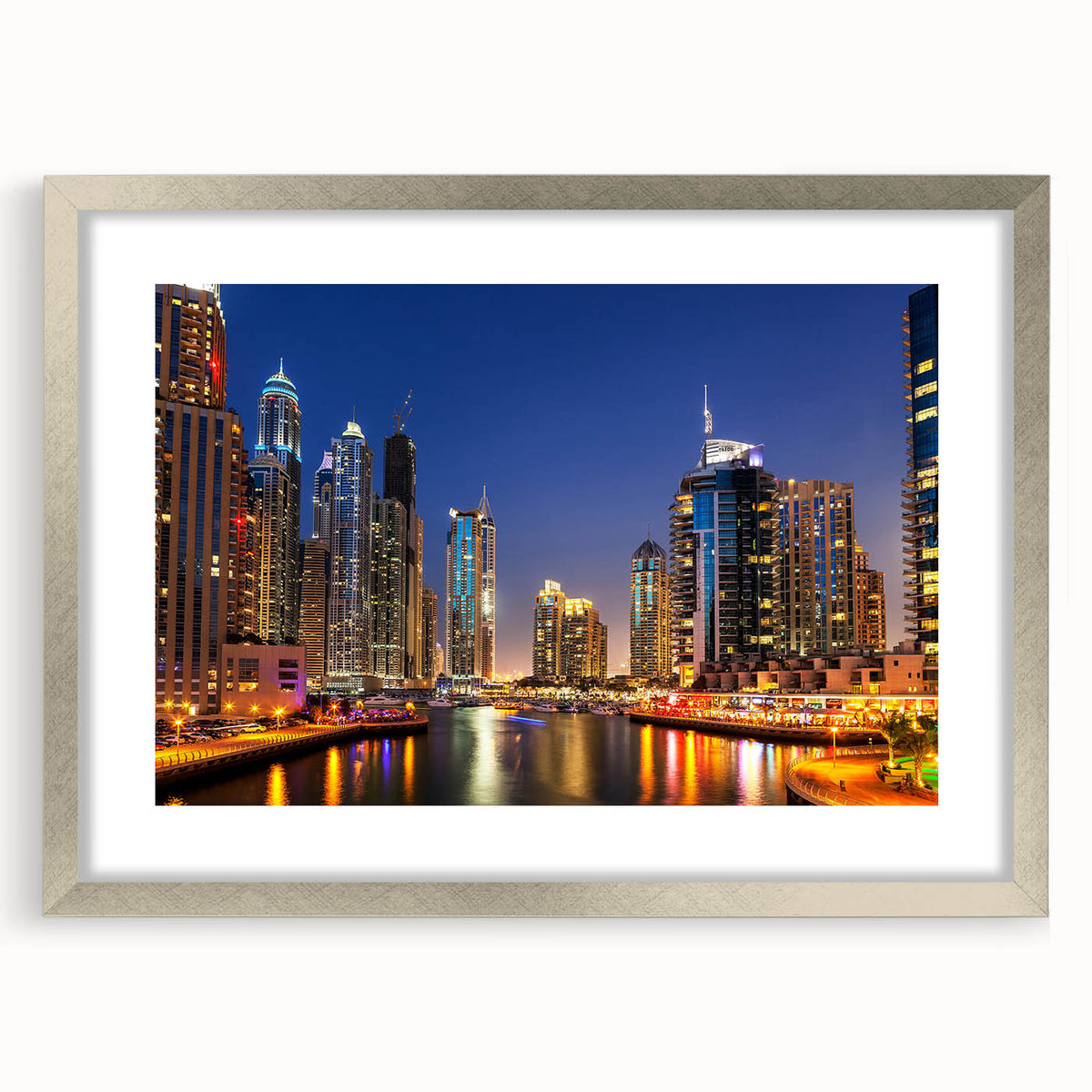 Textured art print of Dubai skyline in muted silver and blue tones on a framed canvas, suitable for bedroom art.