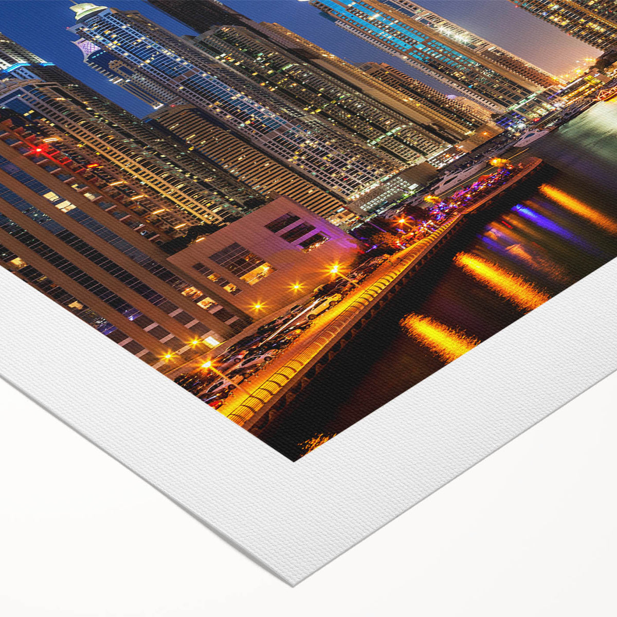 Art deco poster of Dubai skyline in muted gold and blue tones on rolled canvas, suitable for dining room wall art.