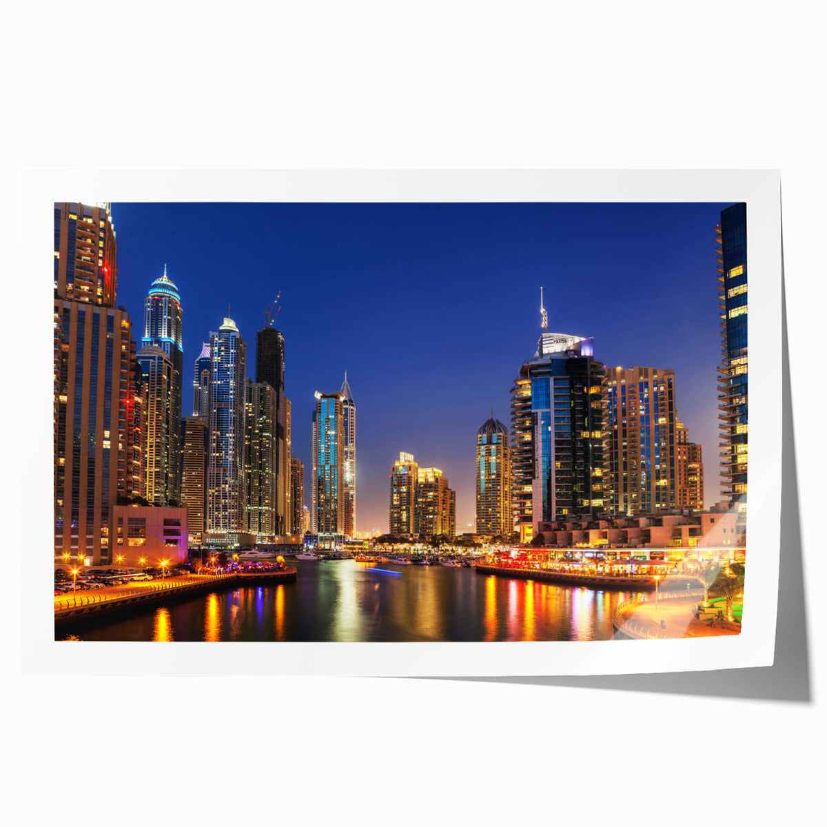 Panoramic view of Dubai skyline in muted earth tones on a large rolled canvas, suitable for art wall dining room.