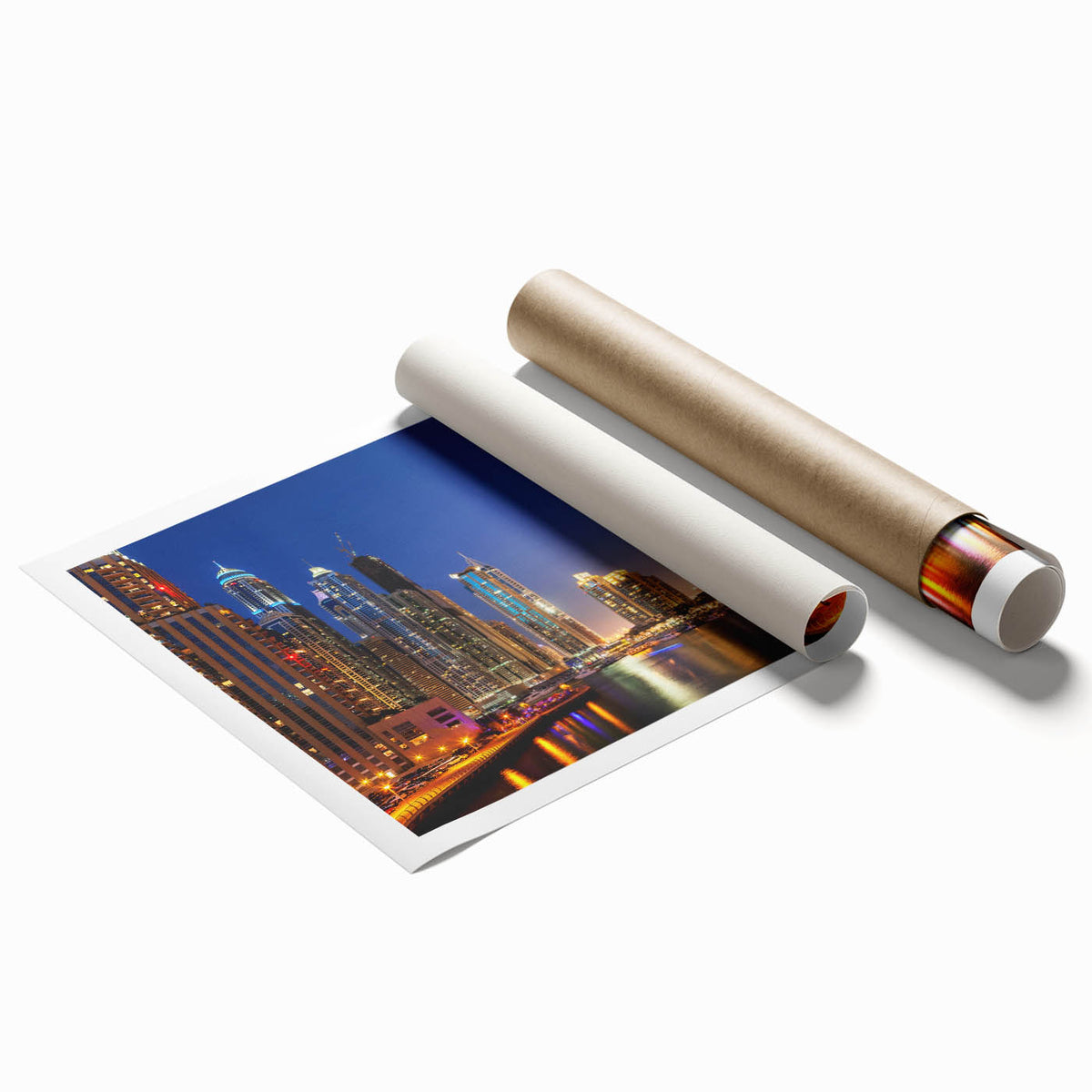 Extra large rolled print of Dubai skyline in muted earth tones, ideal for classy bathroom wall art.