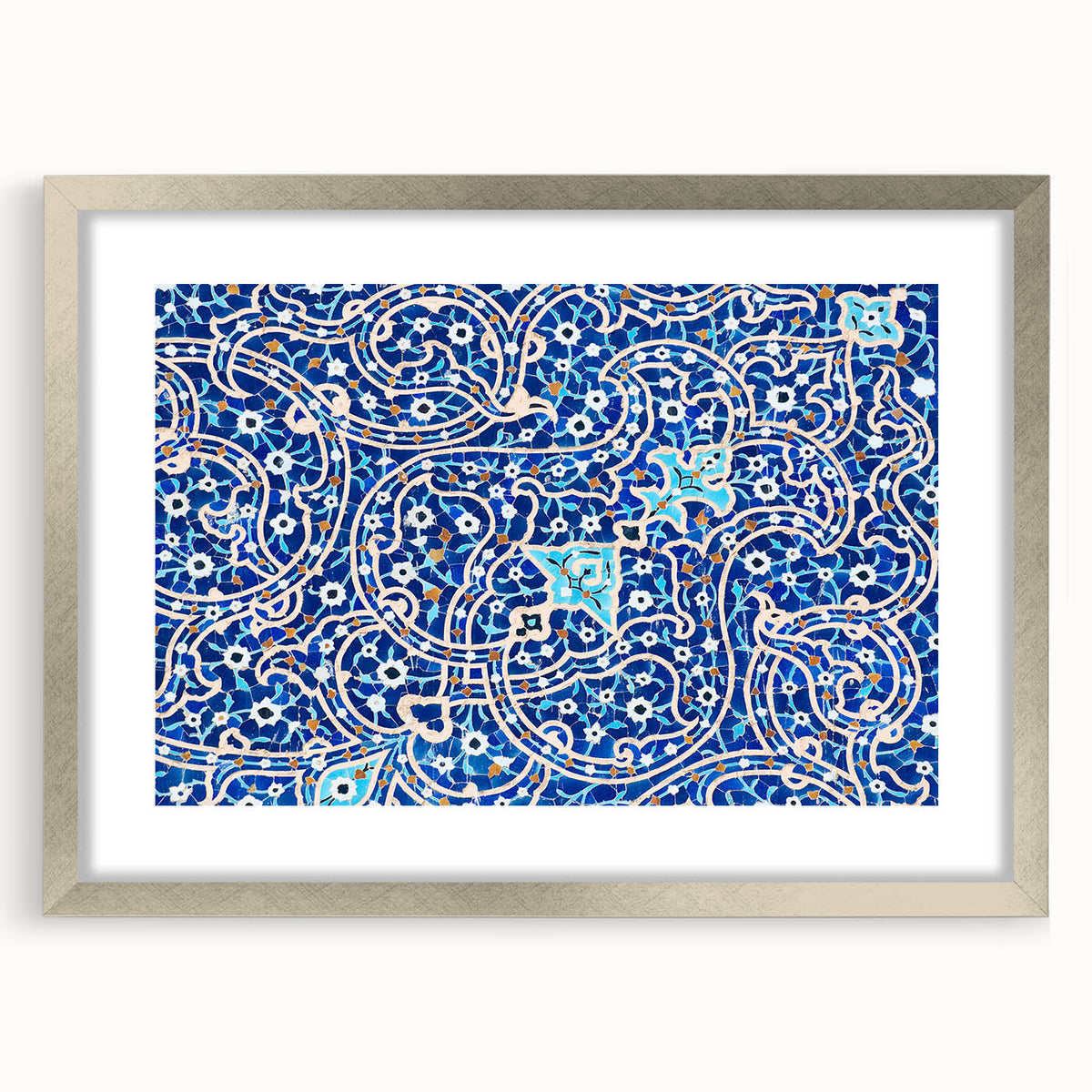 Textured abstract art print of a Middle Eastern scenery in muted earth tones on a framed silver mat, ideal for bedroom art.