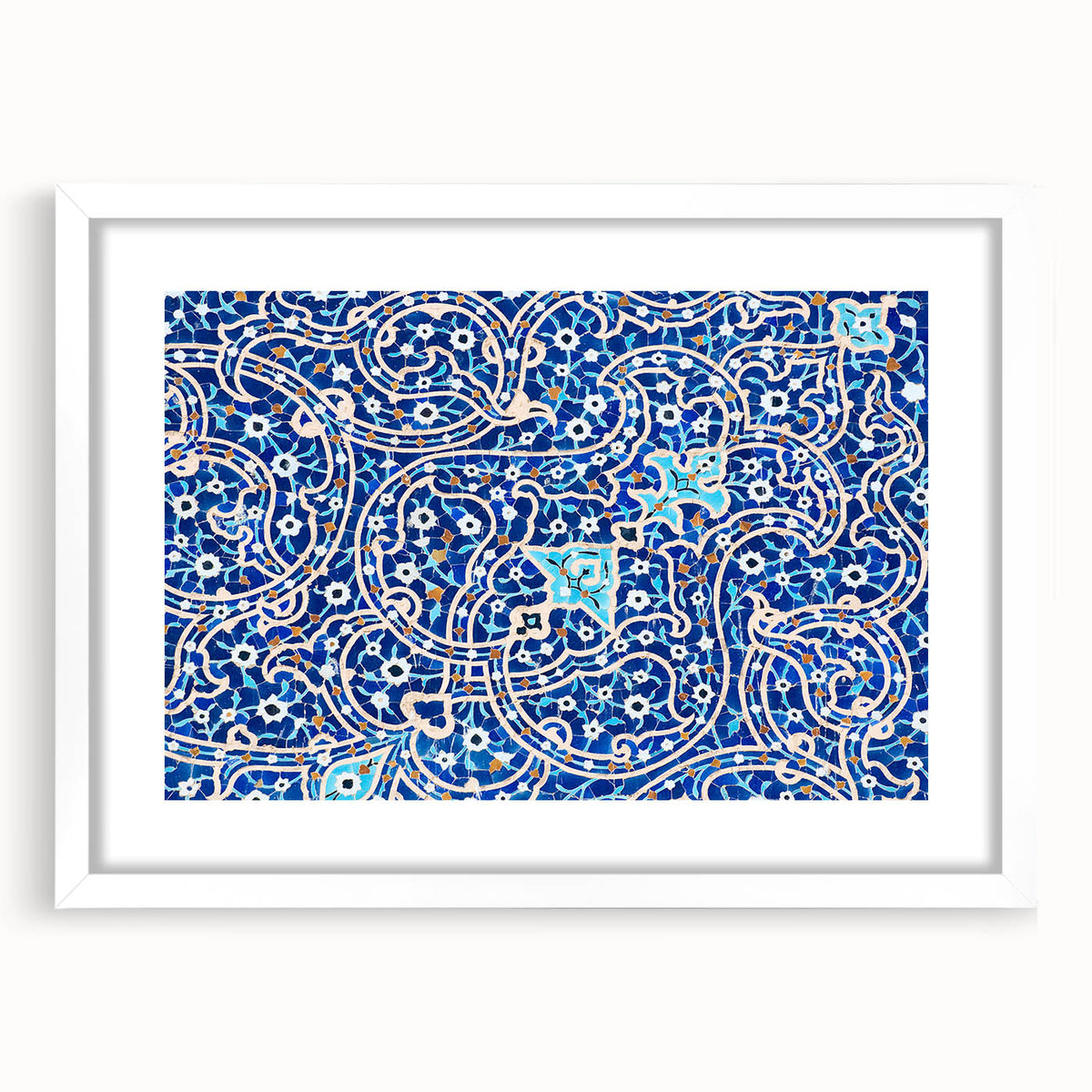 Abstract art print of a Middle Eastern scenery in muted earth tones on a framed canvas, ideal for dining room decor.