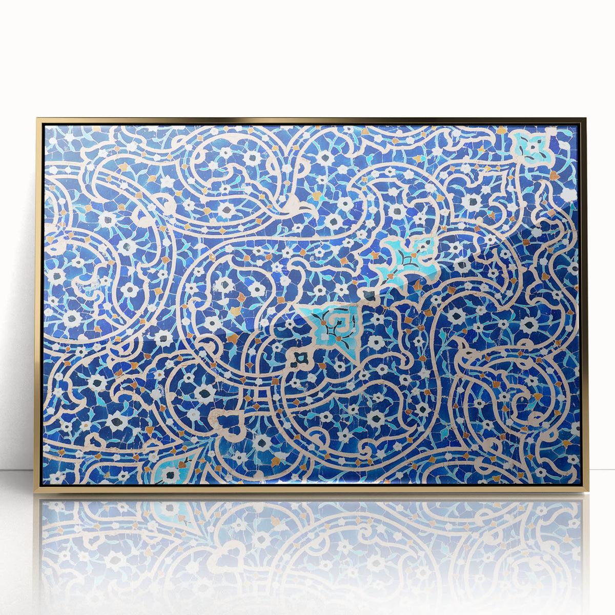 Framed acrylic print of a Middle Eastern landscape in gold and earth tones, ideal for modern art wall decor.