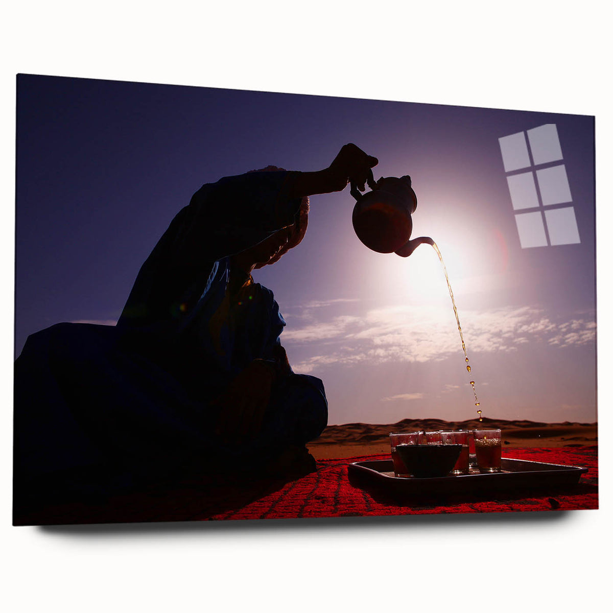 Large abstract wall art of a Middle Eastern scenery in muted earth tones on acrylic glass.