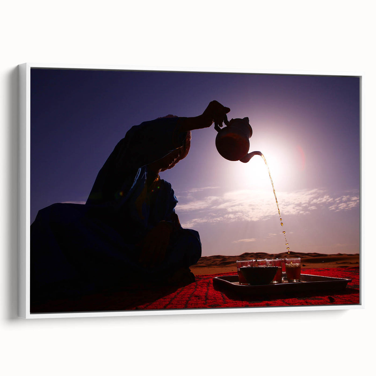 Vintage poster art of a Middle Eastern landscape on framed canvas, featuring vibrant colors, ideal for living room decor.