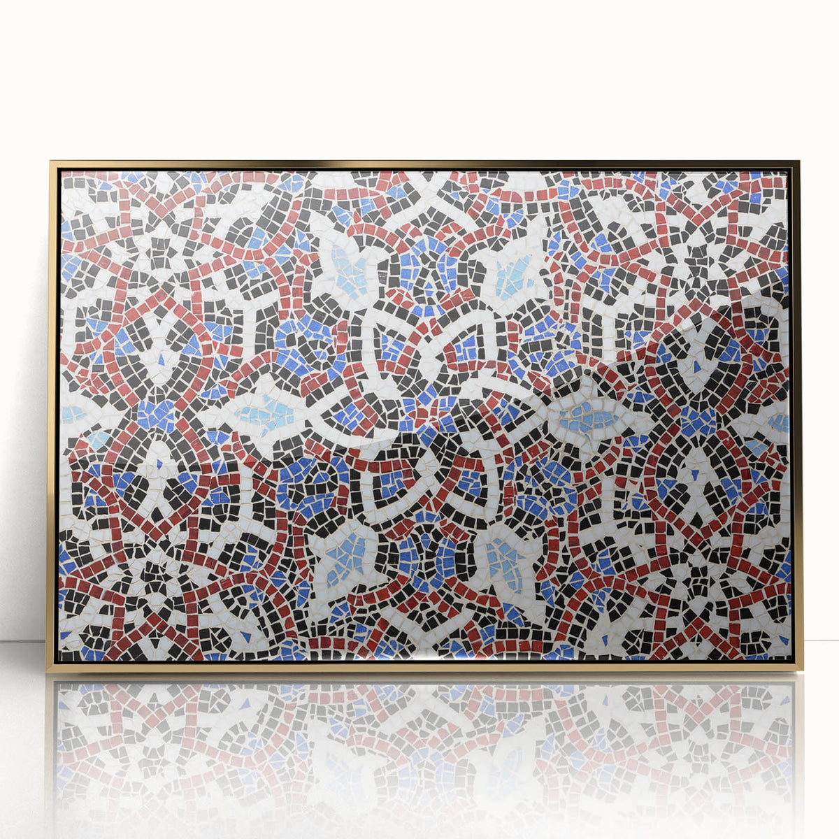 Acrylic print of a Qatar scenery in gold and blue tones, framed, ideal for modern art wall decor.