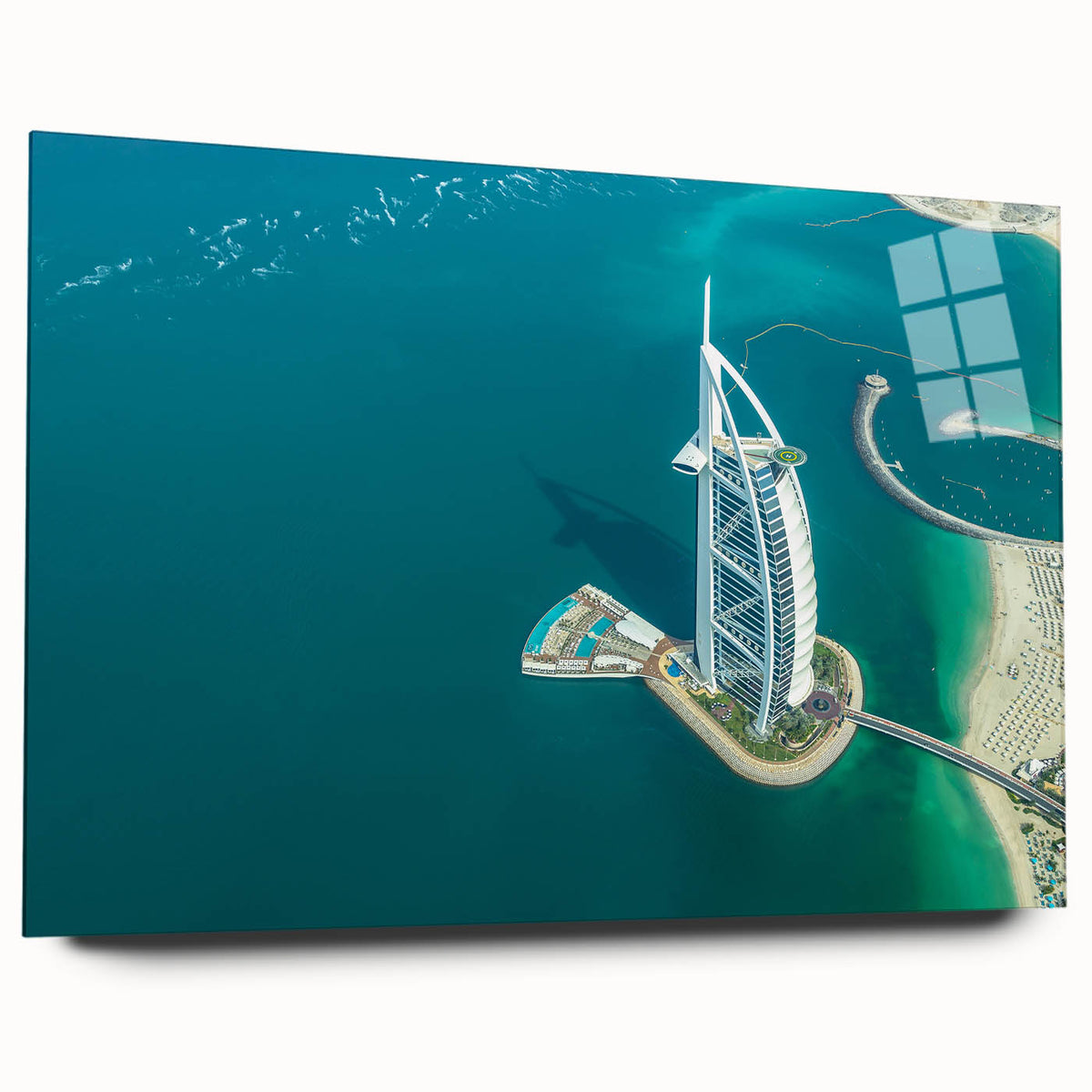 Acrylic glass print of the Burj Al Arab in muted blue and white tones, suitable for bedroom or dining room decor.