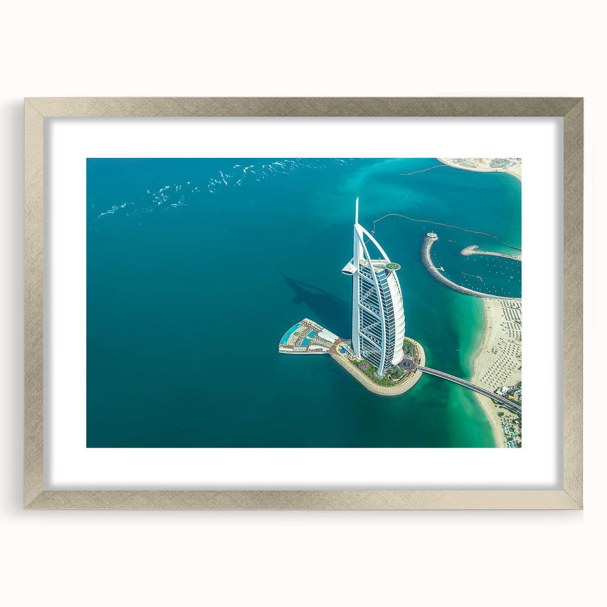 Textured art print of the Burj Al Arab with abstract style and cool silver tones on a framed canvas.