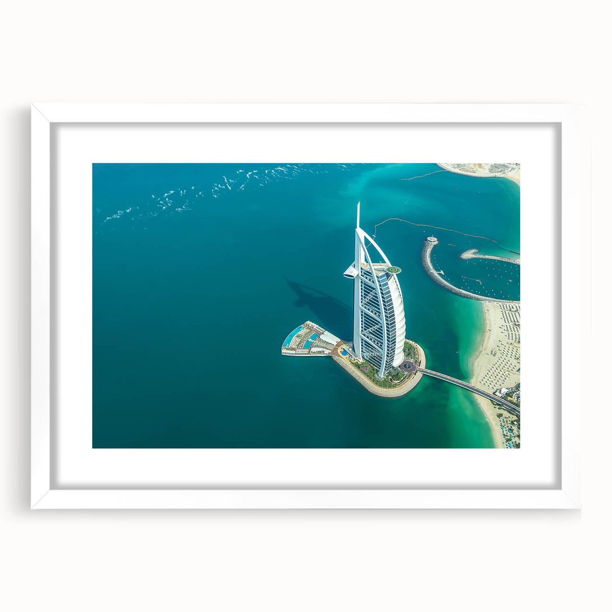Abstract art print of Burj Al Arab in muted blue and white tones on a framed canvas, suitable for dining room decor.