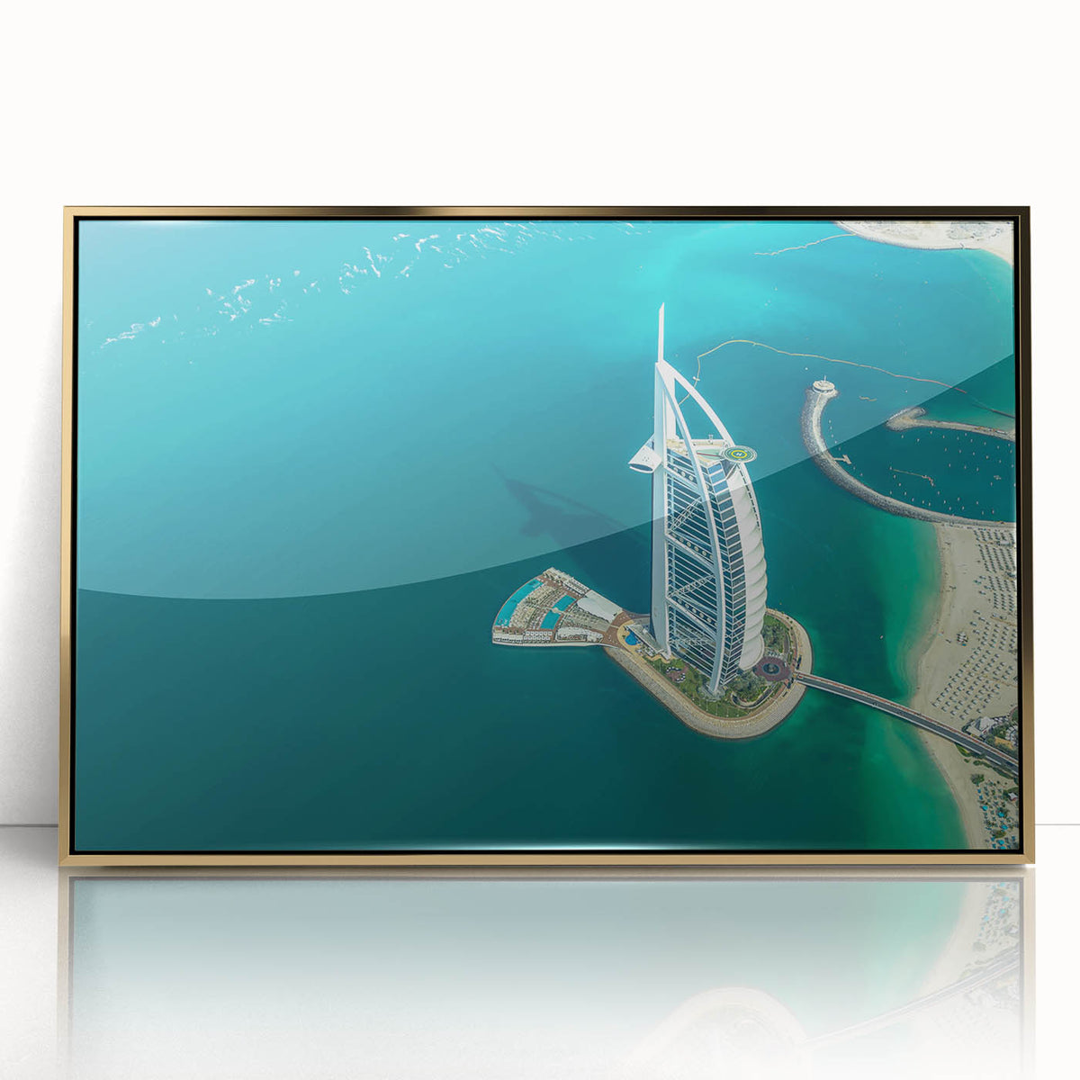 Large art print of Burj Al Arab with a gold acrylic frame, in mid-century modernist style, ideal for modern art wall decor.