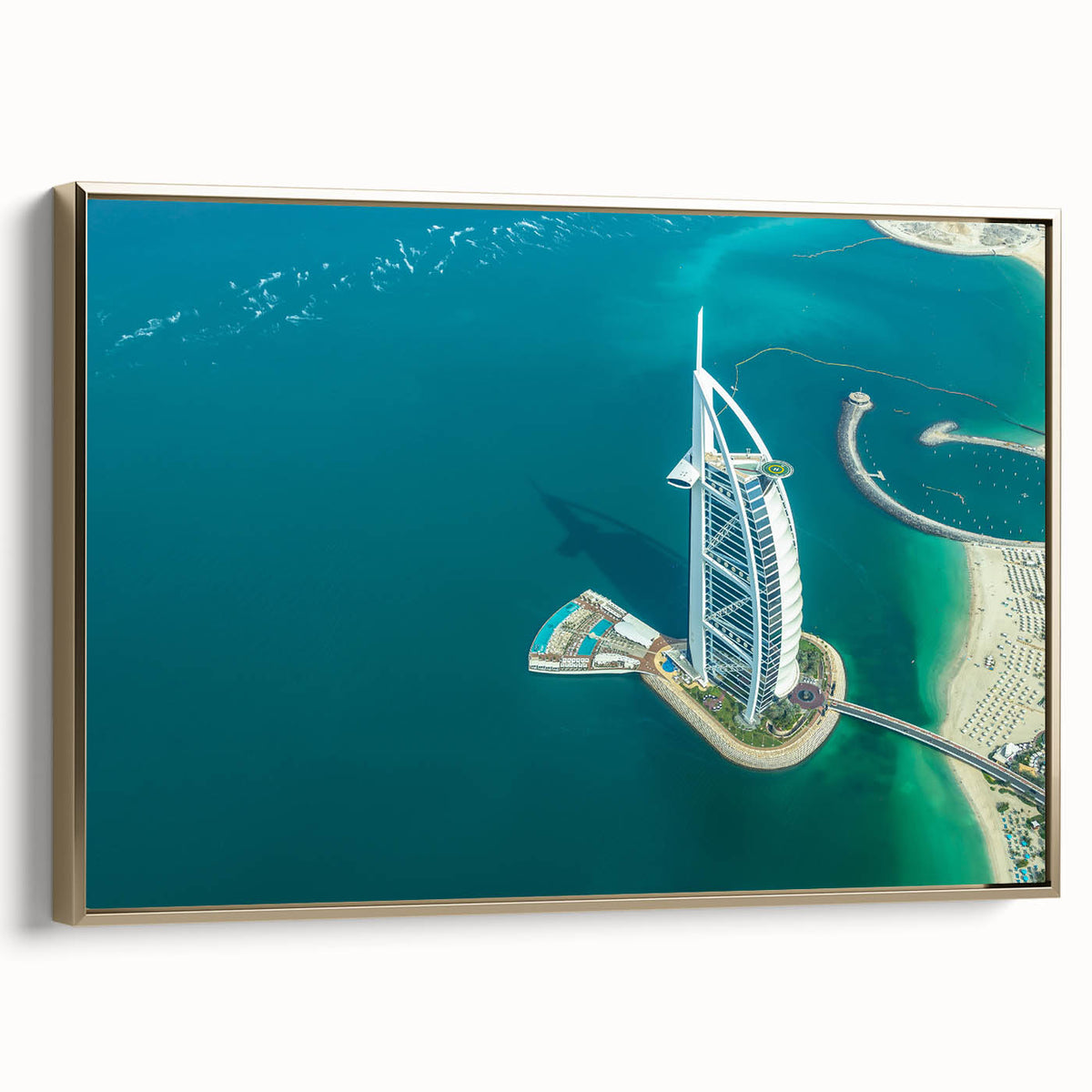 Framed canvas wall art depicting the Burj Al Arab in muted gold and black tones, ideal for bedroom decor.