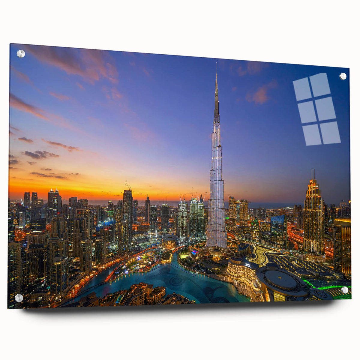 Acrylic print of Burj Khalifa with neutral and blue tones, ideal for modern dining room decor.