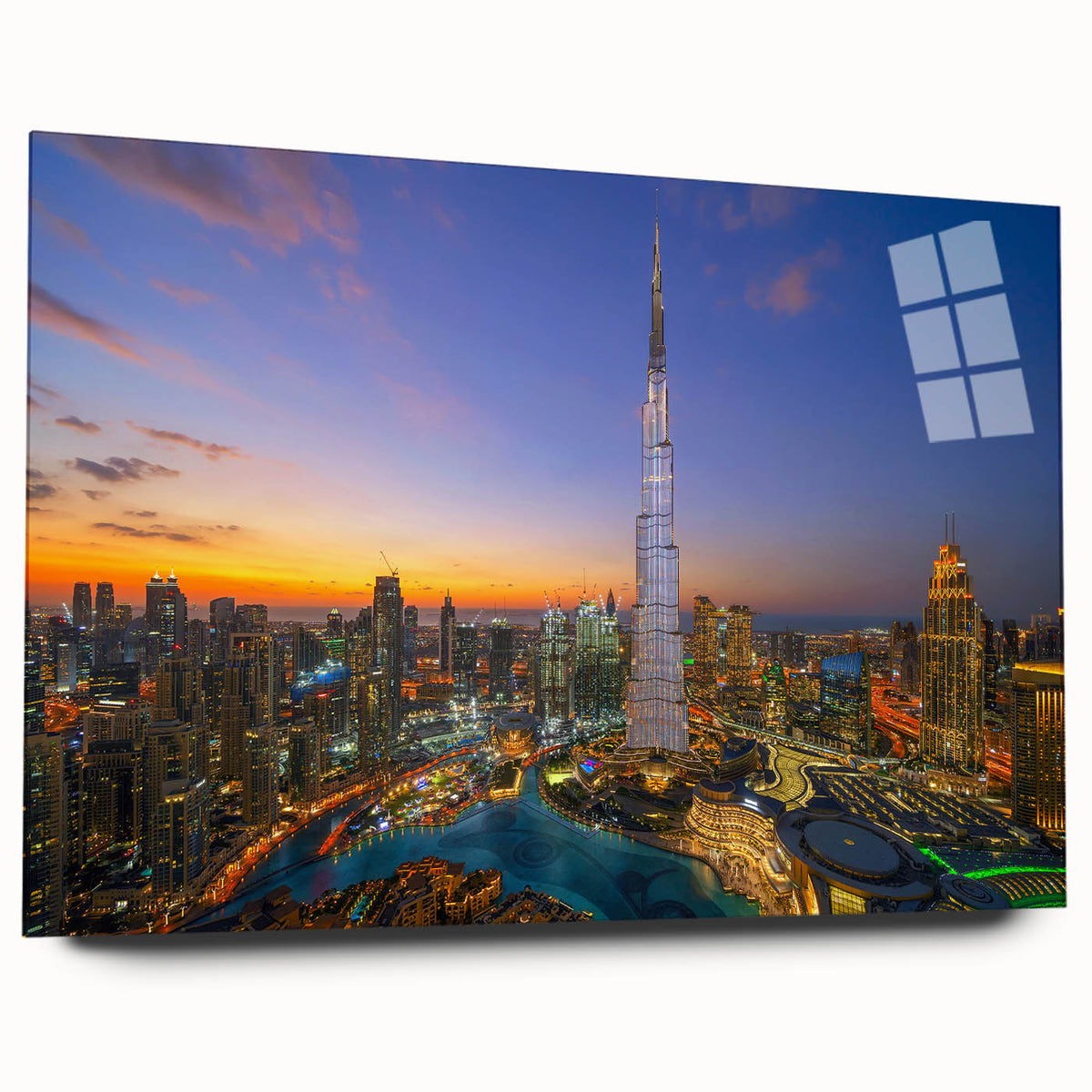 Acrylic print of the Burj Khalifa in muted gray tones, ideal for bedroom or dining room decor.