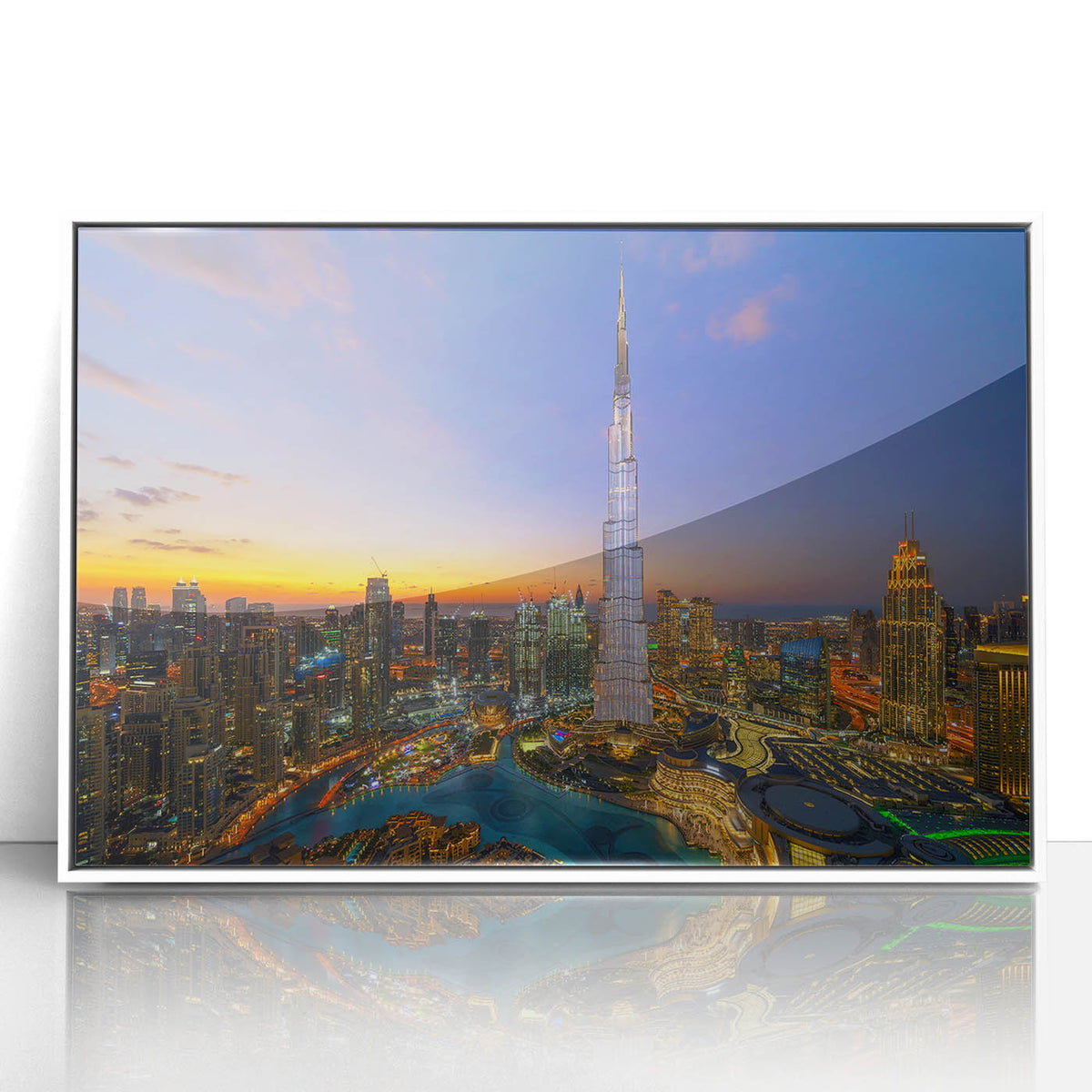 Acrylic print of the Burj Khalifa against a white background, ideal for modern art wall decor.