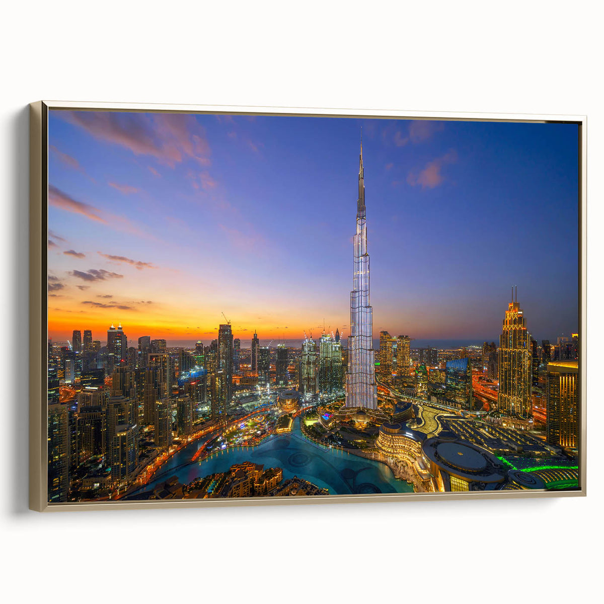 Framed canvas wall art featuring the Burj Khalifa in a black and gold color scheme, ideal for bedroom decor.