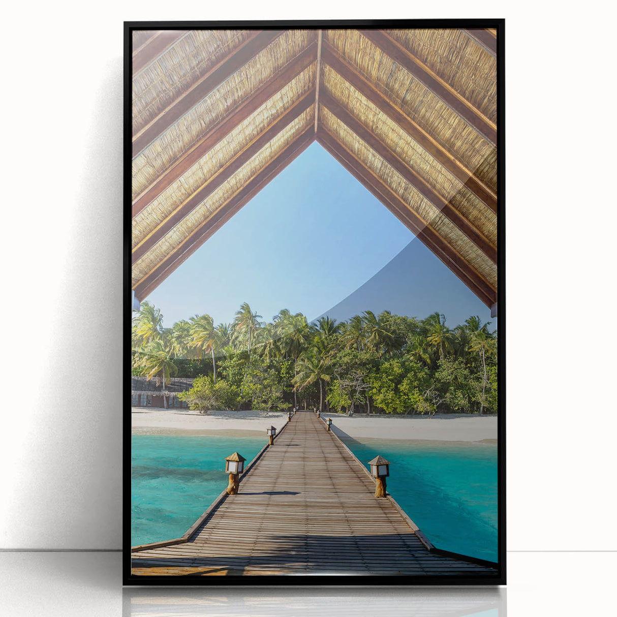 Large abstract wall art depicting a serene Tahitian landscape in muted blue and green tones on a framed acrylic.