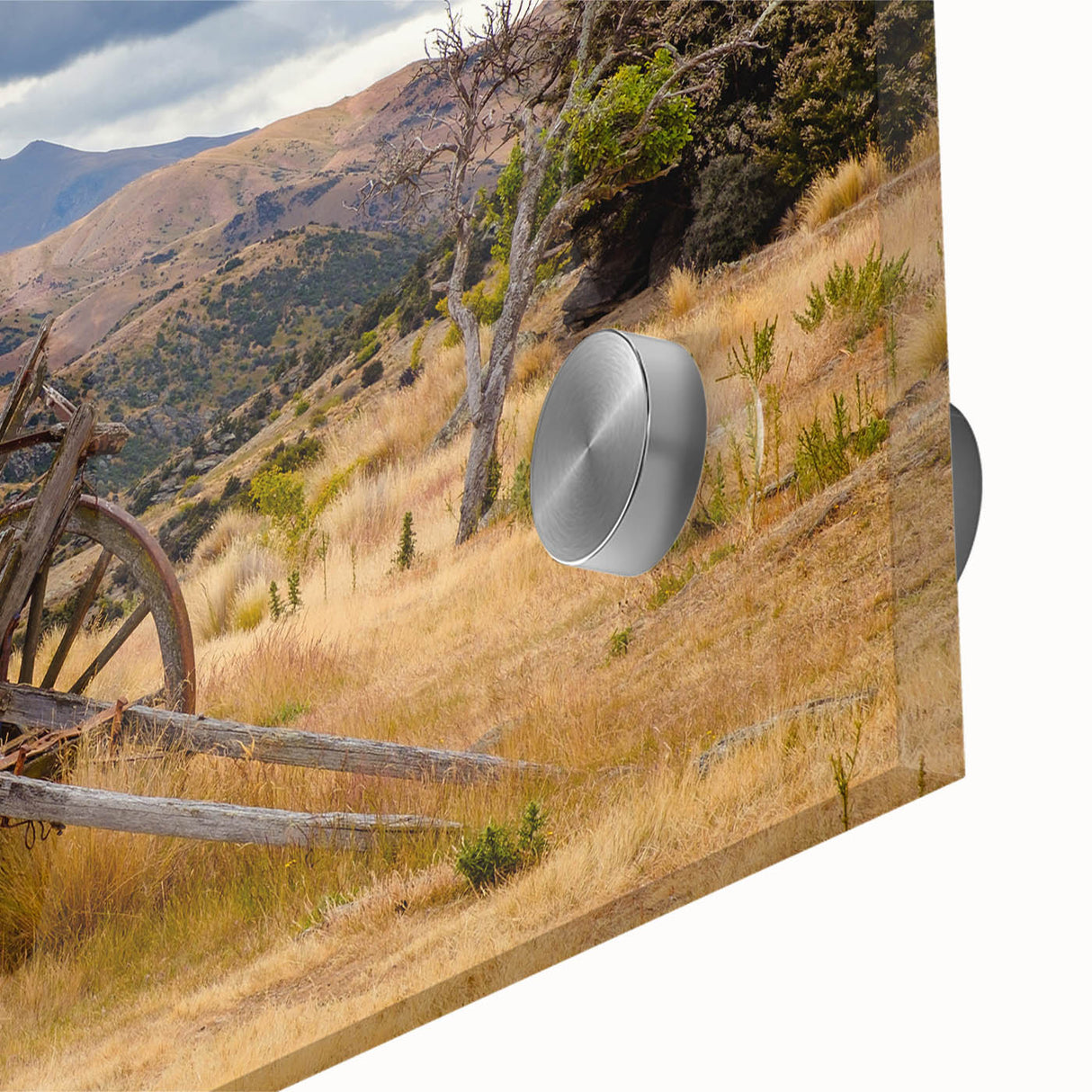 Large abstract wall art depicting Otago, New Zealand scenery in mid-century modernist style on acrylic glass.