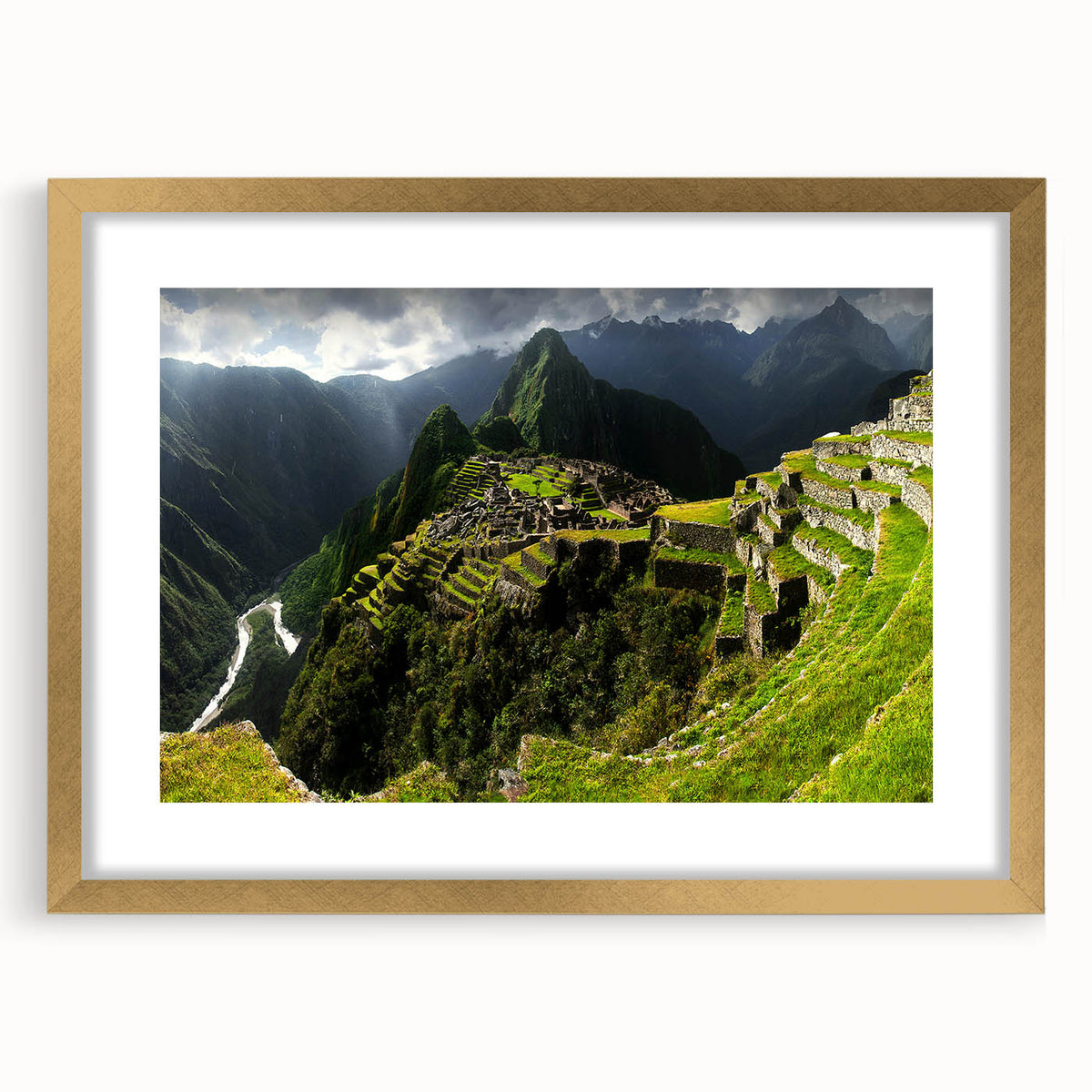 Extra large wall art of Machu Picchu in textured abstract style, with gold frame, ideal for living room decor.