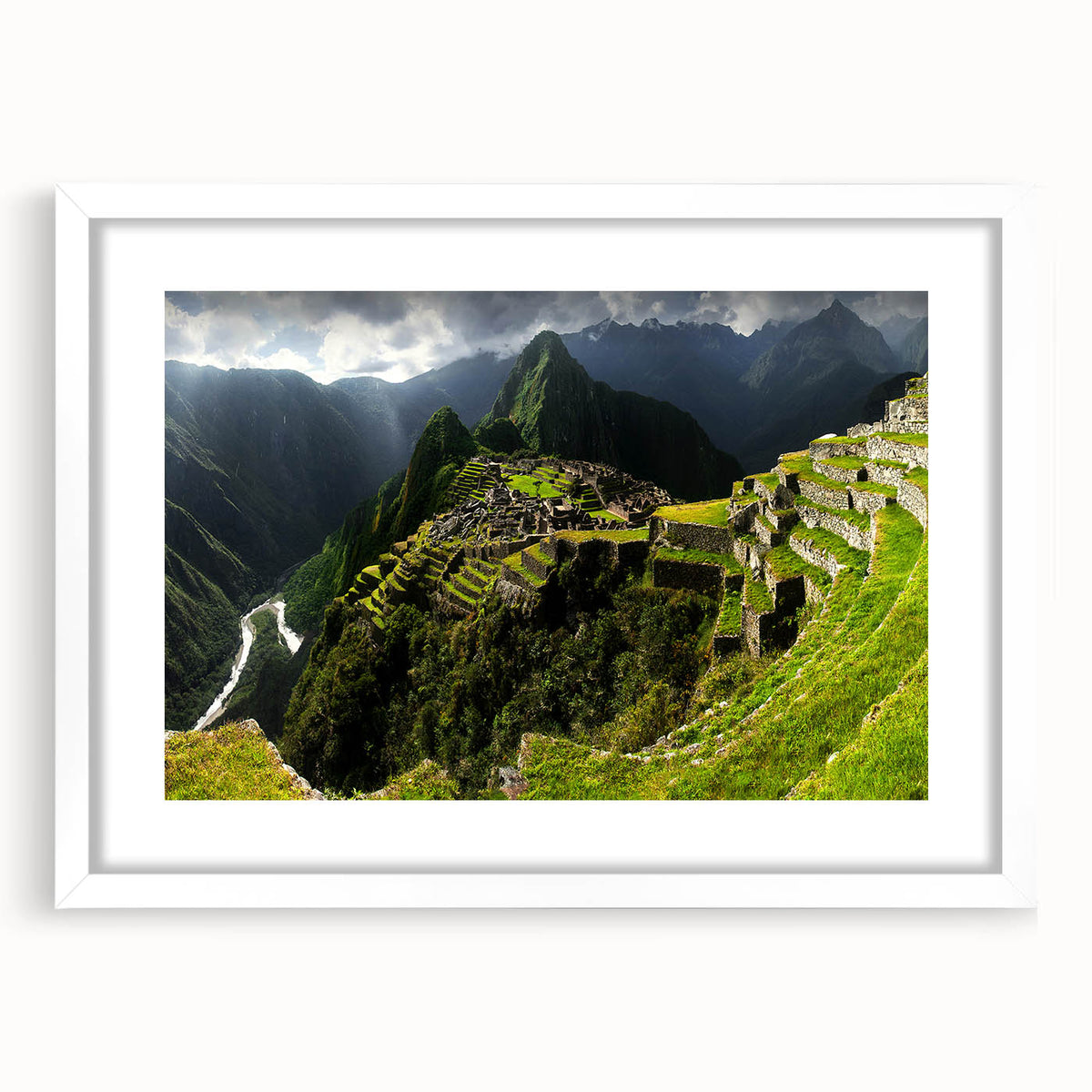 Abstract art print of Machu Picchu in muted earth tones on a framed white mat, ideal for dining room decor.