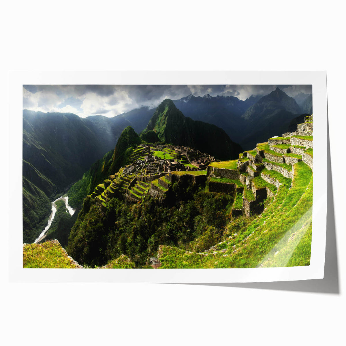 Rolled print of Machu Picchu in muted earth tones, ideal for art wall dining room.