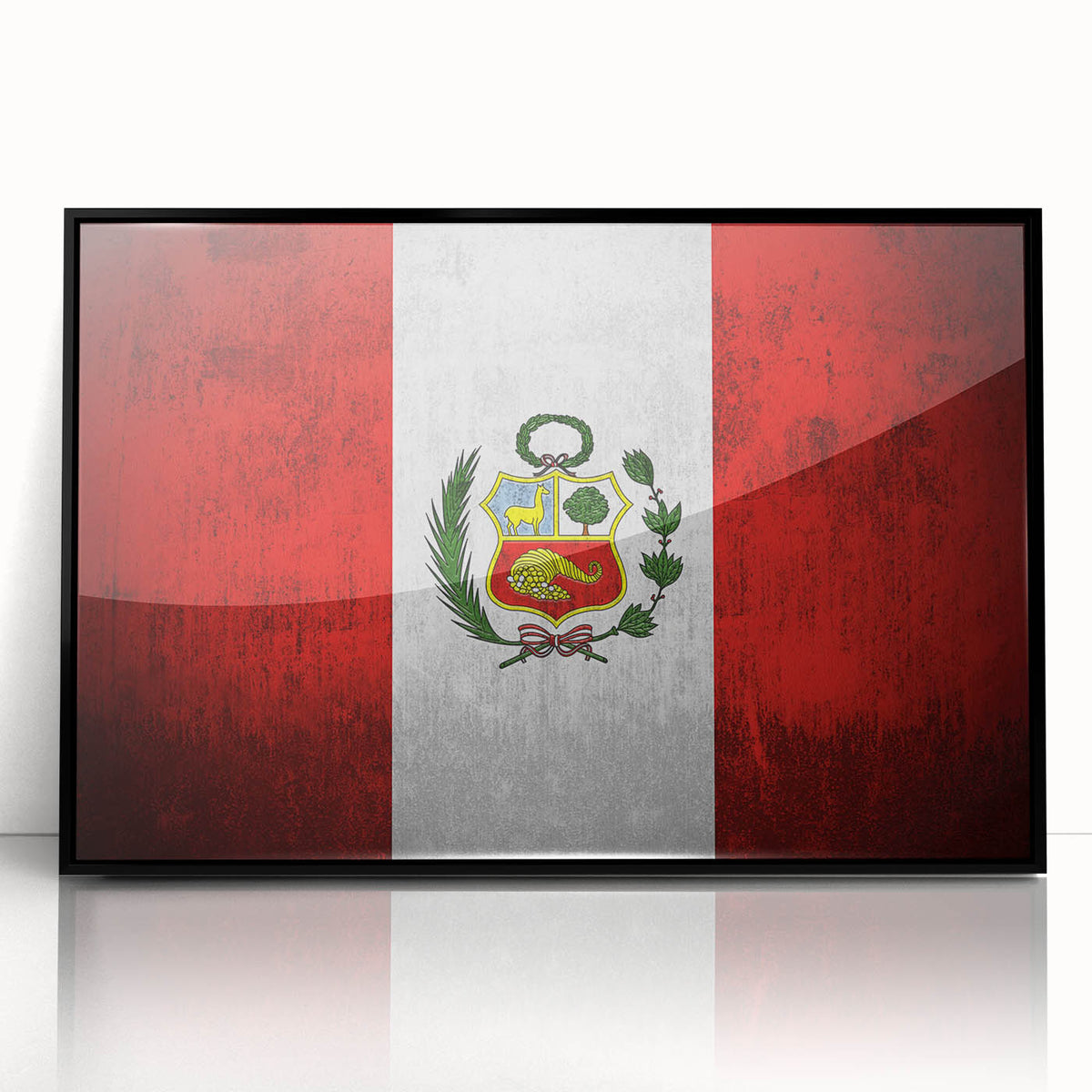 Large abstract wall art depicting a stylized South American scenery in muted earth tones, framed in black acrylic.