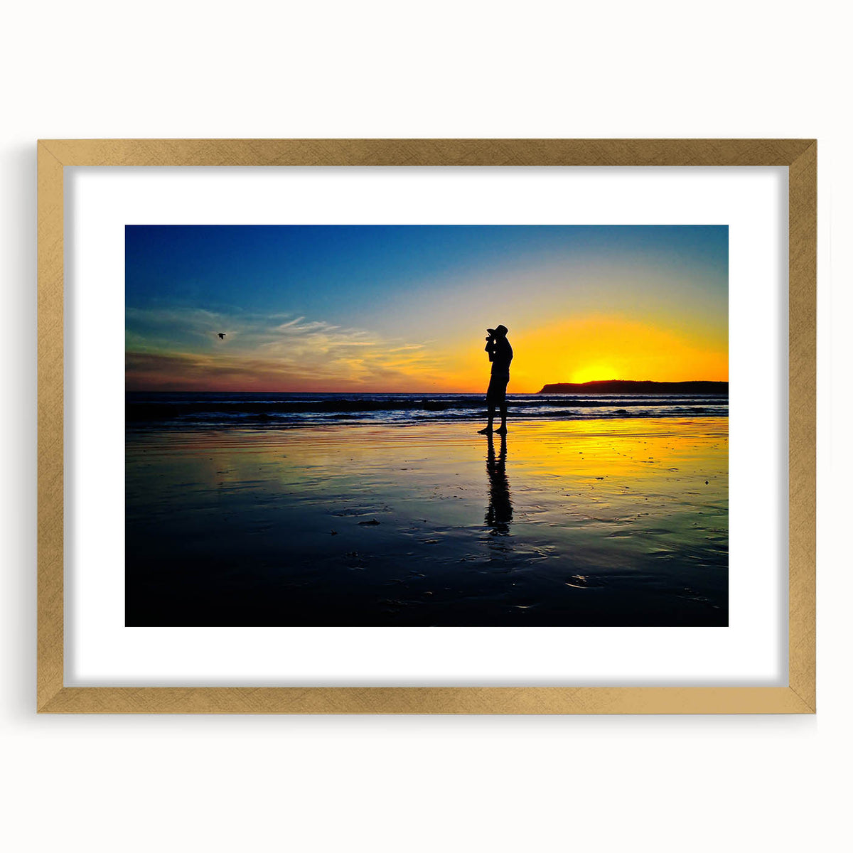 Extra large abstract art print featuring textured scenery of Coronado, California, in gold frame.