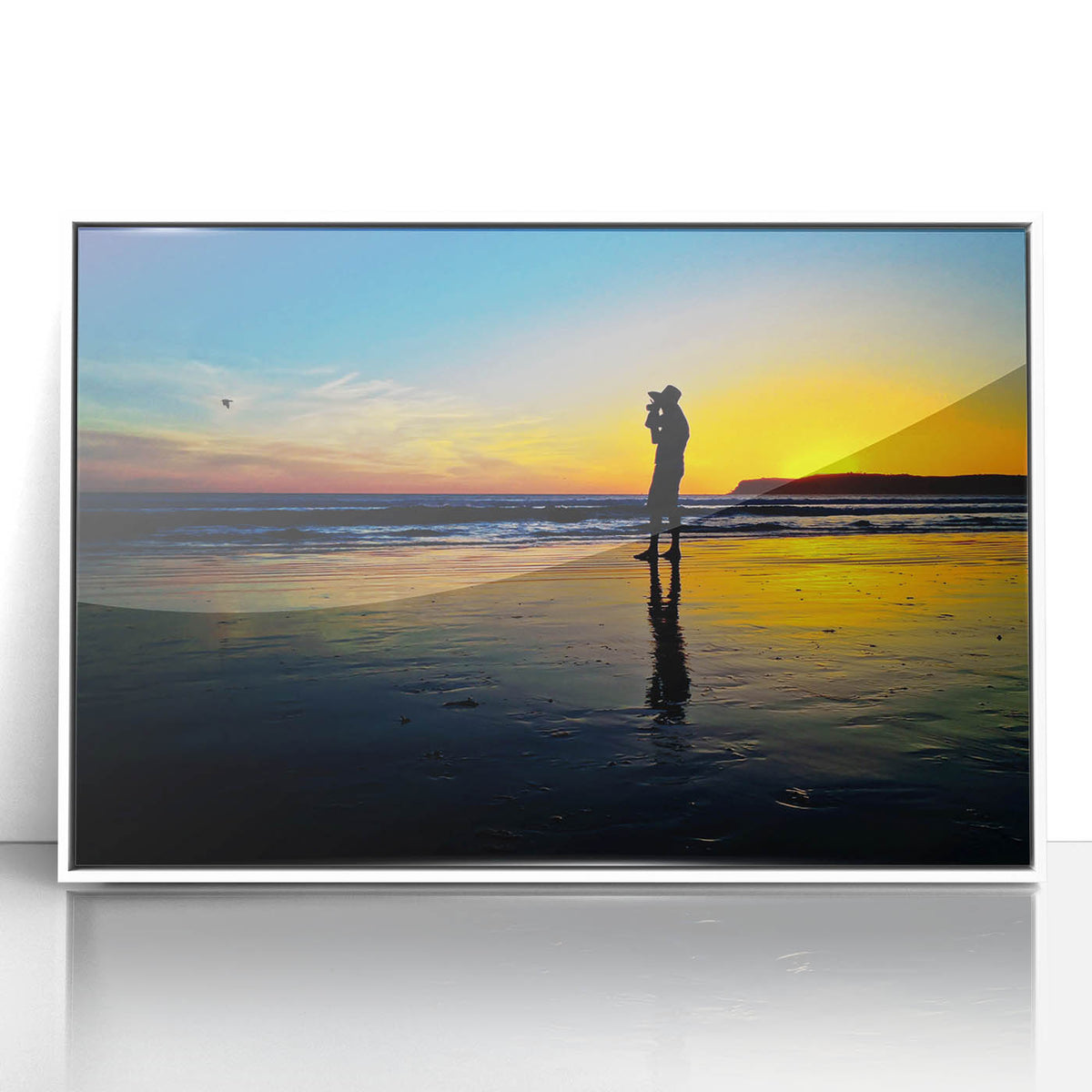 Acrylic print of Coronado, California scenery in art deco style, featuring ocean views in muted blue and white tones.