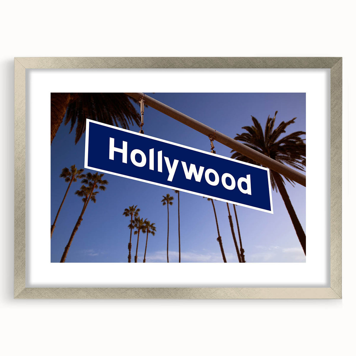 Textured art print of abstract Hollywood scenery in muted silver and gray tones on a framed mat, ideal for bedroom decor.