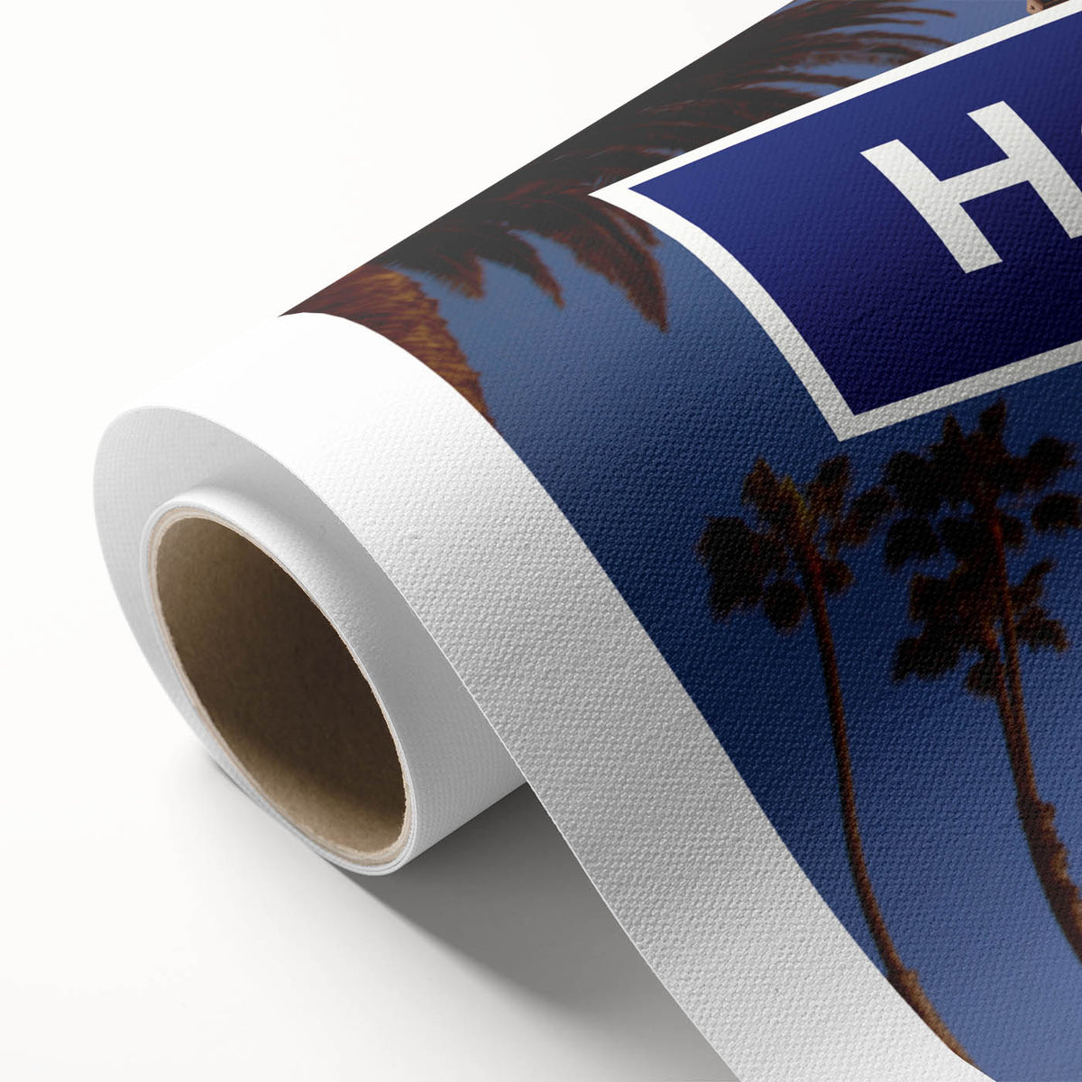 Art Deco poster of Hollywood, California scenery on rolled canvas in pastel shades, ideal for nursery wall art.