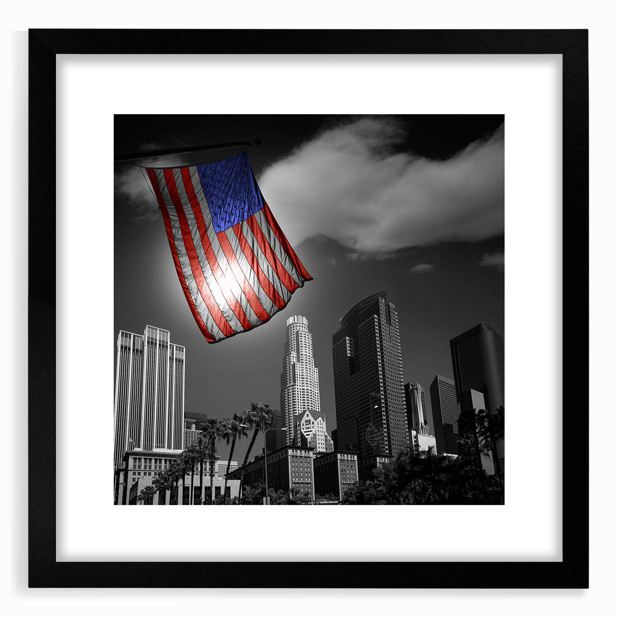 Extra large framed abstract art print of colorful Los Angeles scenery in textured style, suitable for living room decor.