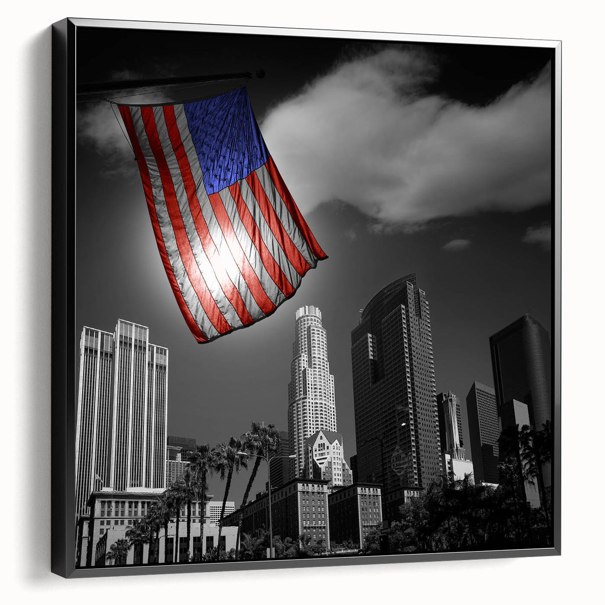 Black and white framed canvas of Los Angeles landscape, ideal for bedroom wall decor.