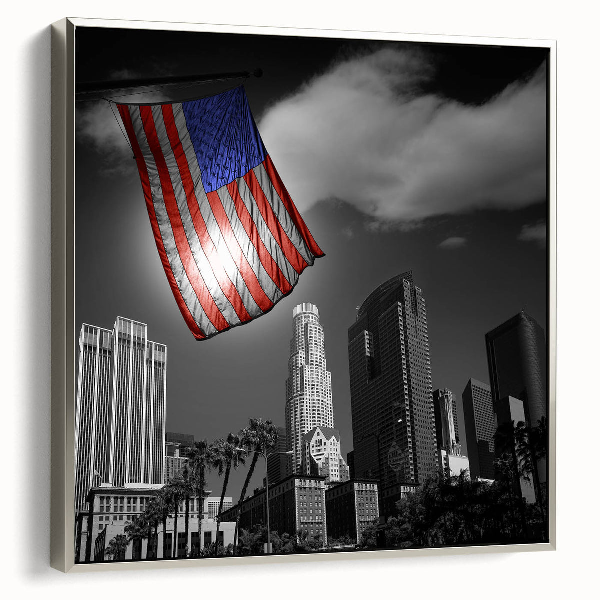 Framed canvas of a vintage Los Angeles landscape painting with colorful art in black, ideal for office decor.
