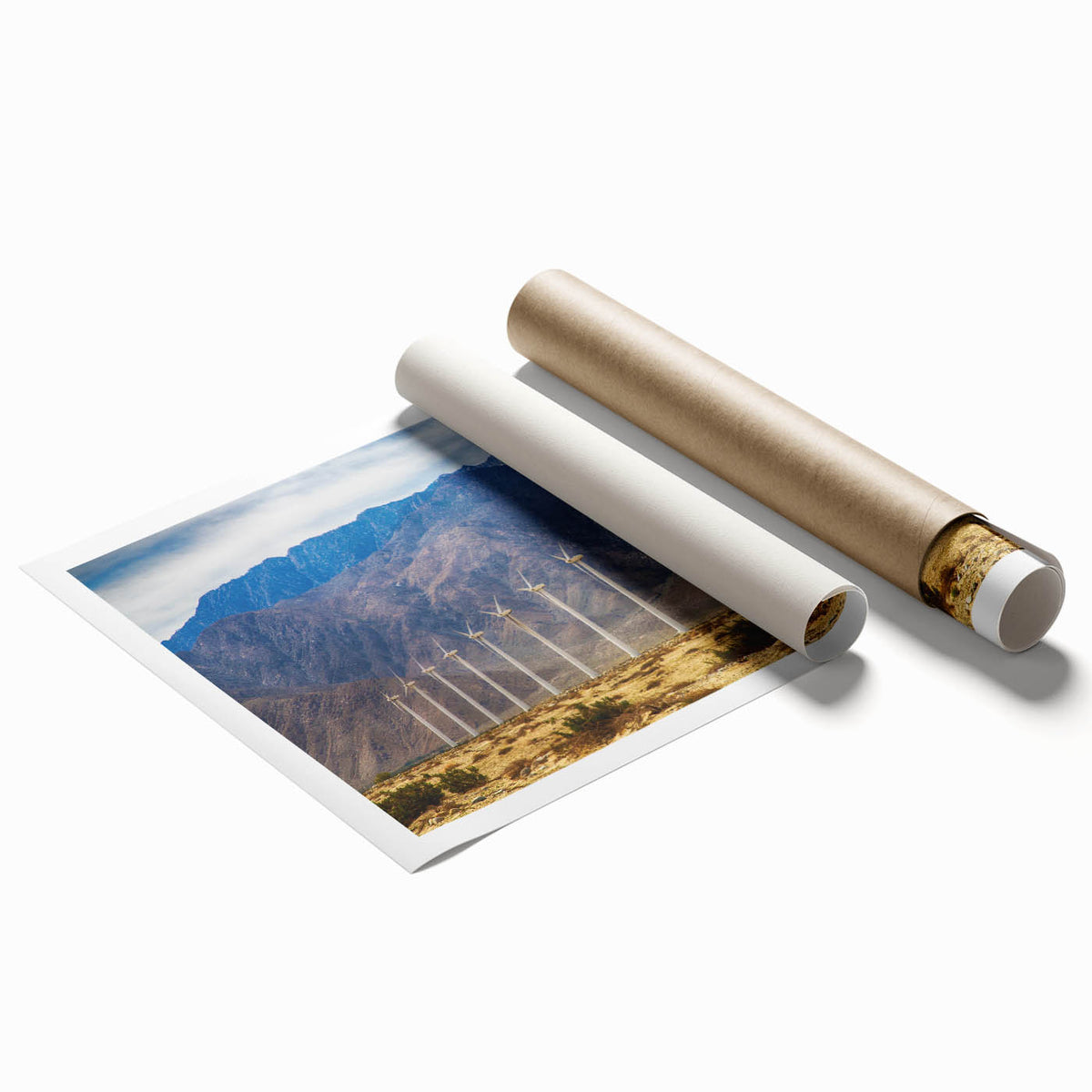 Extra large rolled print featuring a minimalist Palm Springs landscape in muted earth tones.