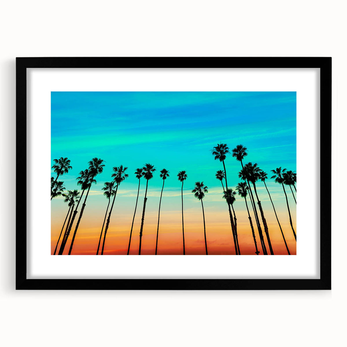 Abstract art print of Santa Barbara landscape in vibrant colors on a textured, extra large canvas, framed in black.