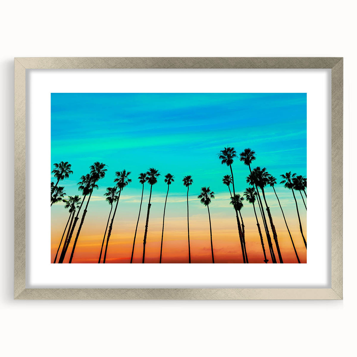 Textured abstract art print of Santa Barbara scenery in muted earth tones on a silver-framed mat, ideal for bedroom decor.