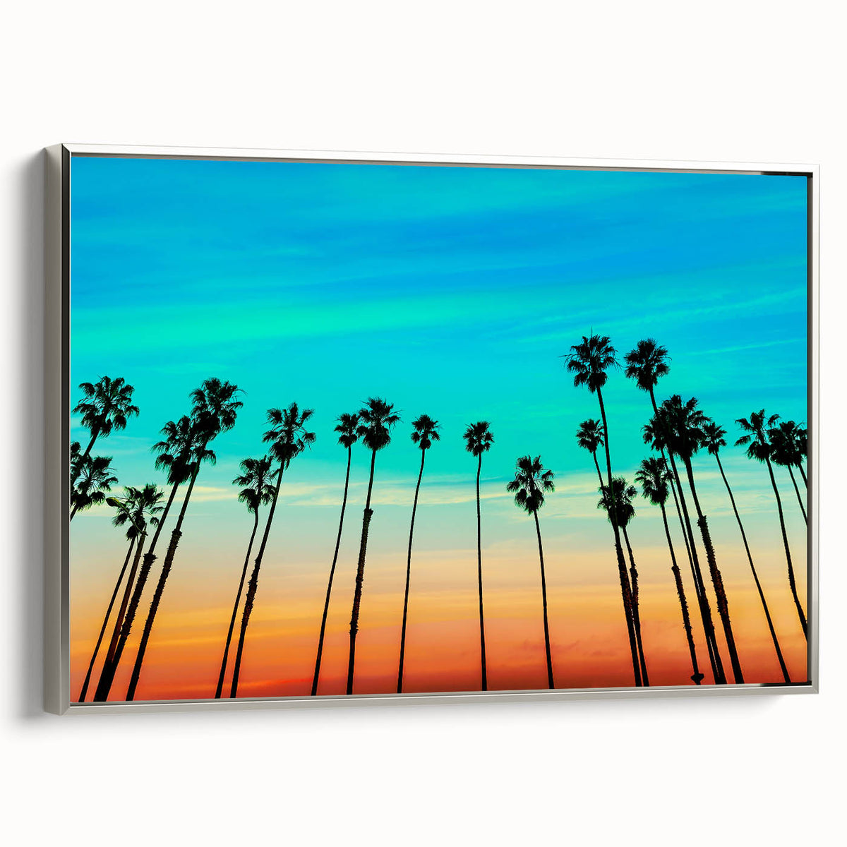 Framed canvas of a vintage-style Santa Barbara landscape painting, featuring vibrant colors on a black background.