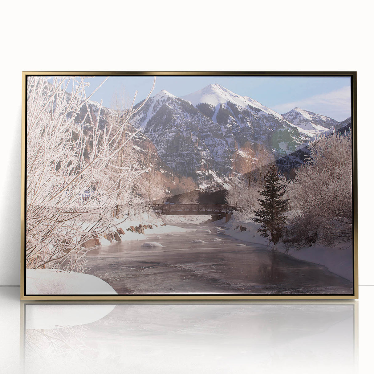 Acrylic print of Telluride, Colorado scenery in muted earth tones, framed in gold, suitable for modern art wall decor.