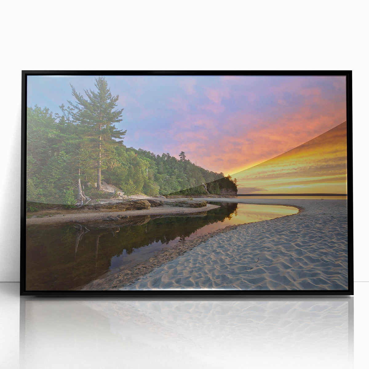 Large abstract wall art of Lake Michigan, in muted blue and gray tones on a framed acrylic.