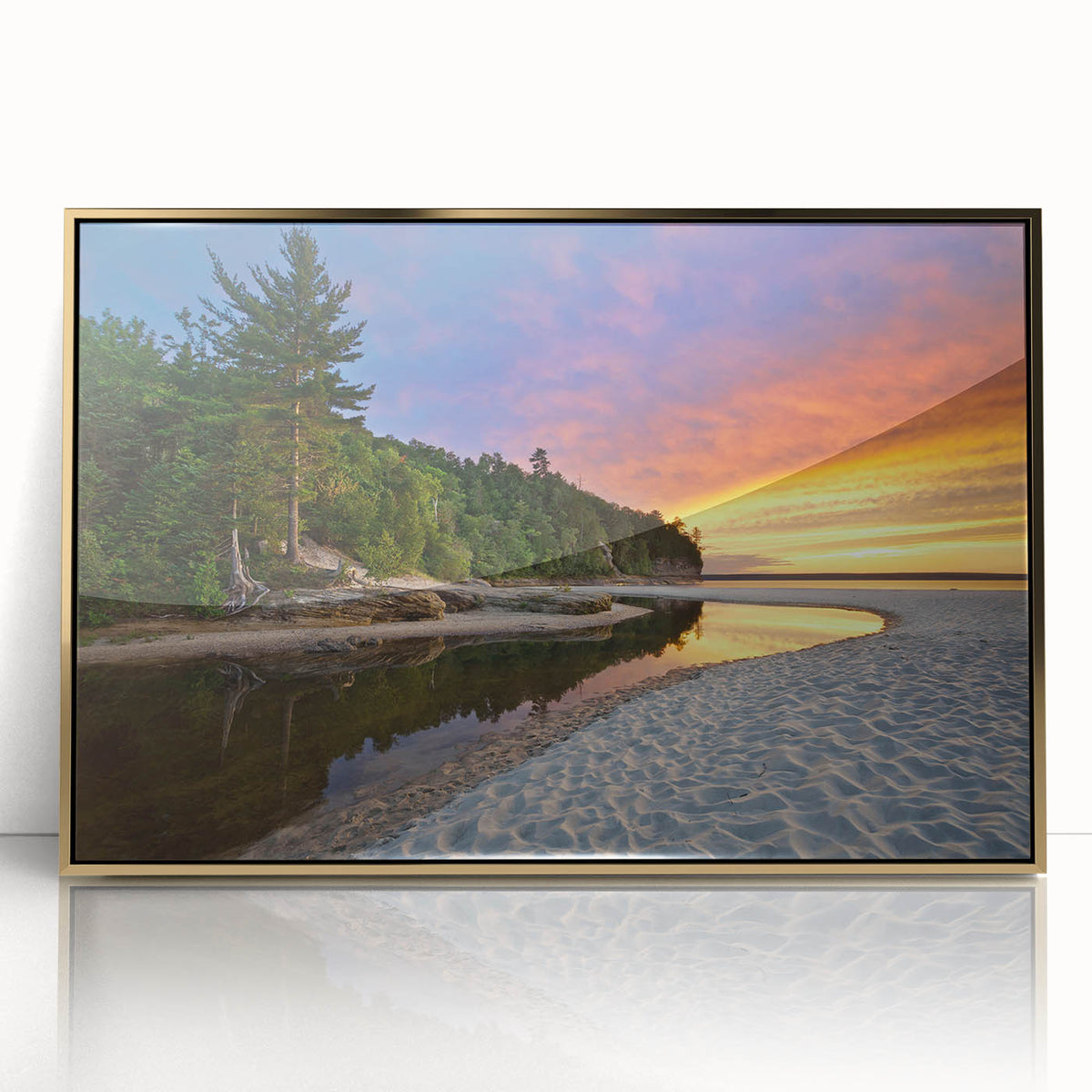 Mid-century modernist art of Lake Michigan, in muted blue and gold tones on framed acrylic.
