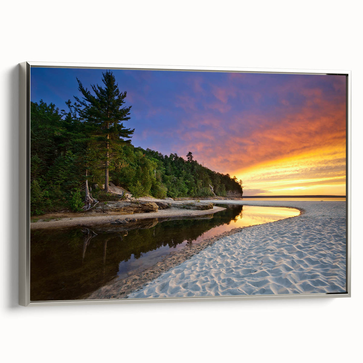 Framed canvas of a vintage-style landscape painting featuring Lake Michigan, with a palette of muted blues and grays.