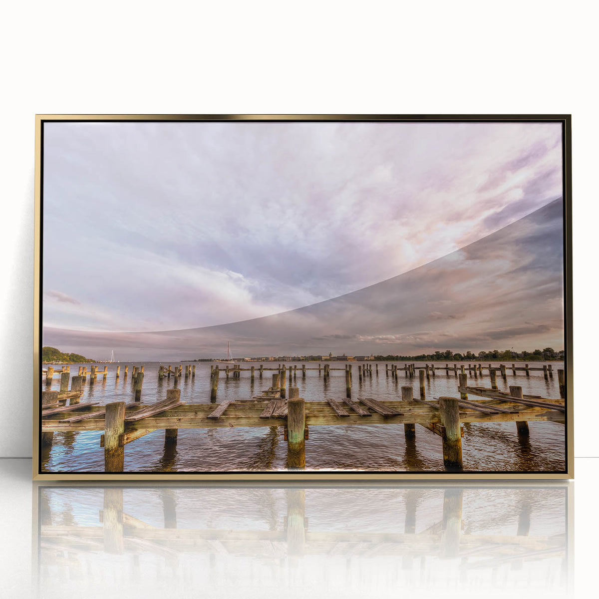 Mid-century modernist art of Annapolis skyline in gold and blue tones on a framed acrylic print.